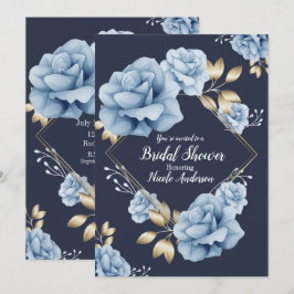 Convite Chá de Bebê Floral Azul e Dourado Botânico