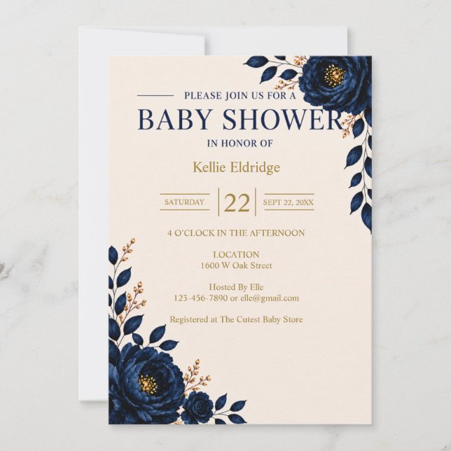 Convite Chá de Bebê Floral Azul Elegante (Frente)