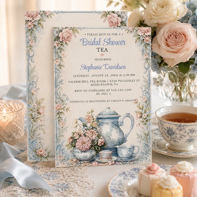 Convite Chá de Bebê Floral Azul Elegante e Bege | (Criador carregado)