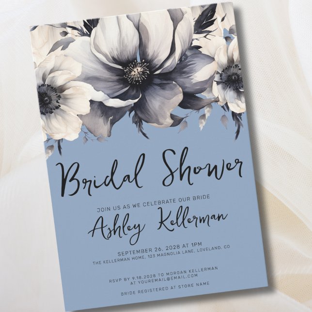 Convite Chá de Bebê Floral Azul Empoeirado (Chic Elegant Floral Periwinkle Blue Bridal Shower Invitation)