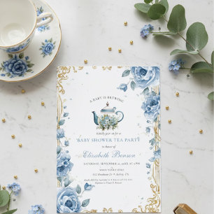 Convite Chá de Bebê Floral Azul Está Sendo Preparado