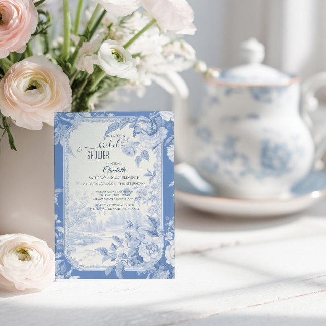 Convite Chá de Bebê Floral Azul Francês Toile de Jouy (Criador carregado)