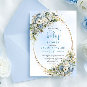 Convite Chá de Bebê Floral Azul Pastel Eucalipto Dourado