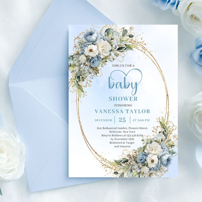 Convite Chá de Bebê Floral Azul Pastel Eucalipto Dourado   (Pastel Blue Eucalyptus Floral Gold Baby Shower Card

)