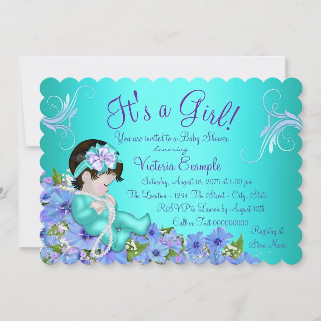 Convite Chá de Bebê Floral Azul Turquesa e Roxo (Frente)