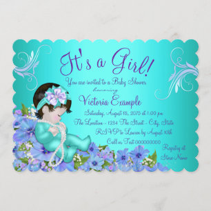 Convite Chá de Bebê Floral Azul Turquesa e Roxo