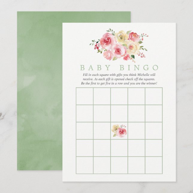 Convite Chá de Bebê Floral Blush e Sage Baby Bingo (Frente/Verso)