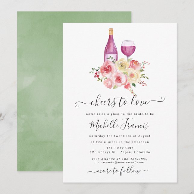 Convite Chá de Bebê Floral Blush & Sage Degustação de Vinh (Frente/Verso)