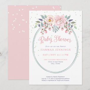 Convite Chá de Bebê Floral Boho Aquarela Rosa Verde Salvia