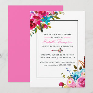 Convite Chá de Bebê Floral Boho Chic Aquarela Rosa