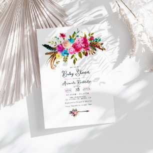 Convite Chá de Bebê Floral Boho Chic Rosa-Intenso
