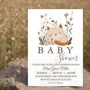 Convite Chá de Bebê Floral Boho com Gatinho Adormecido Fof