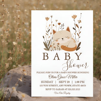 Convite Chá de Bebê Floral Boho com Gatinho Adormecido Fof
