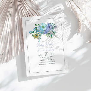 Convite Chá de Bebê Floral Boho em Aquarela Azul e Hortelã