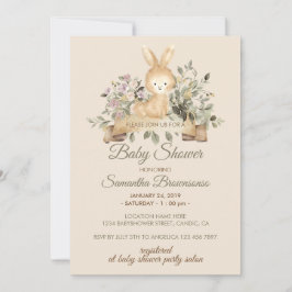 Convite Chá de Bebê Floral Botânico Coelho Bunny Creme