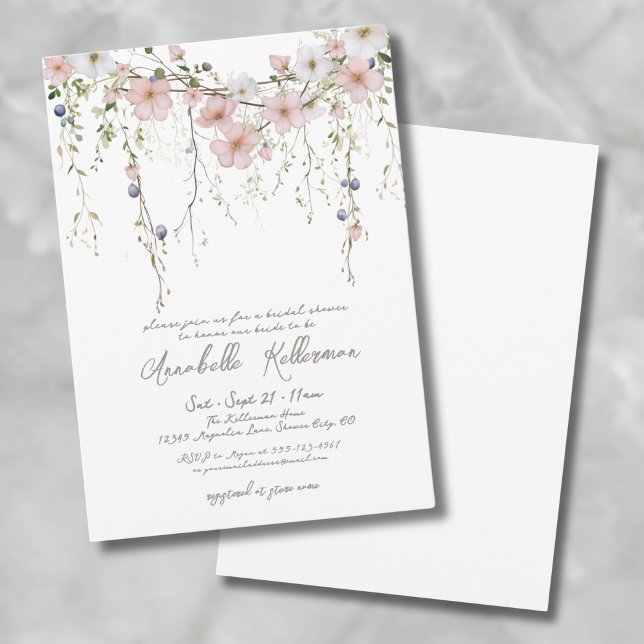 Convite Chá de Bebê Floral Botânico Elegante de Flores Sil (Elegant Botanical Wildflower Floral Bridal Shower Invitation)