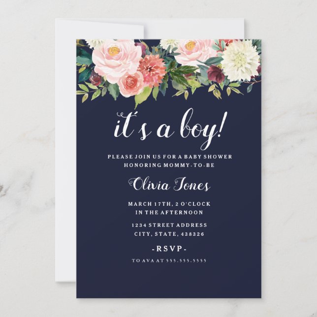 Convite Chá de Bebê Floral Botânico Rosa Navy (Frente)