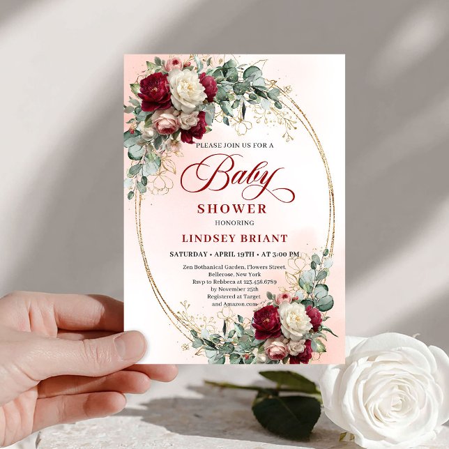 Convite Chá de Bebê Floral Burgundy Rústico Elegante   (Elegant Rustic Burgundy Floral Gold Baby Shower Invite)