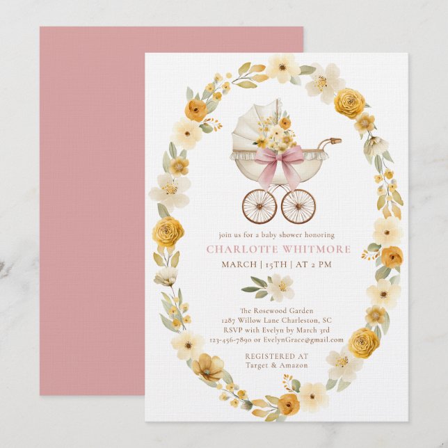 Convite Chá de Bebê Floral Carruagem | Design Rosa Bege (Frente/Verso)