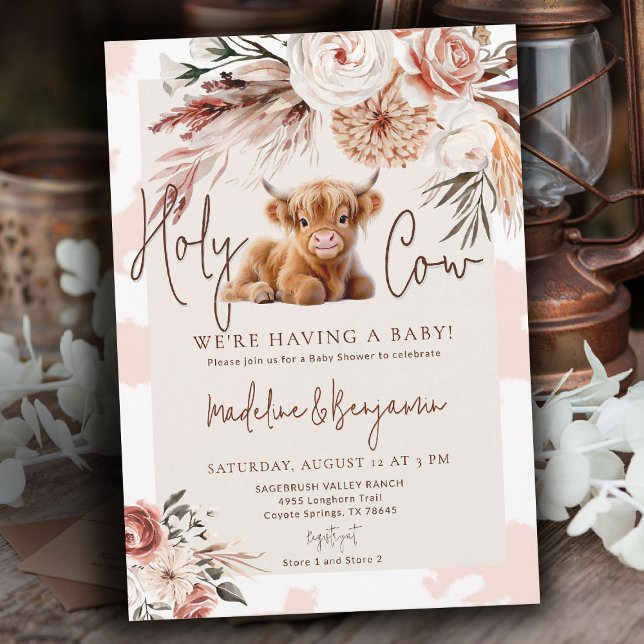 Convite Chá de Bebê Floral Caubói Country (cow baby shower theme cute highland calf pink hide watercolor floral rustic cowboy barn invitation)