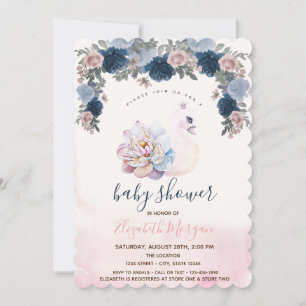 Convite Chá de Bebê Floral Cisne Bebê Aguarela Rosa