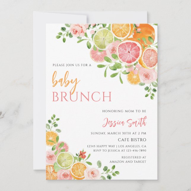 Convite Chá de Bebê Floral Cítrico para Brunch (Frente)
