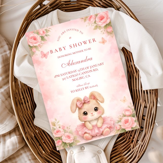 Convite Chá de Bebê Floral Coelho Rosa (Criador carregado)