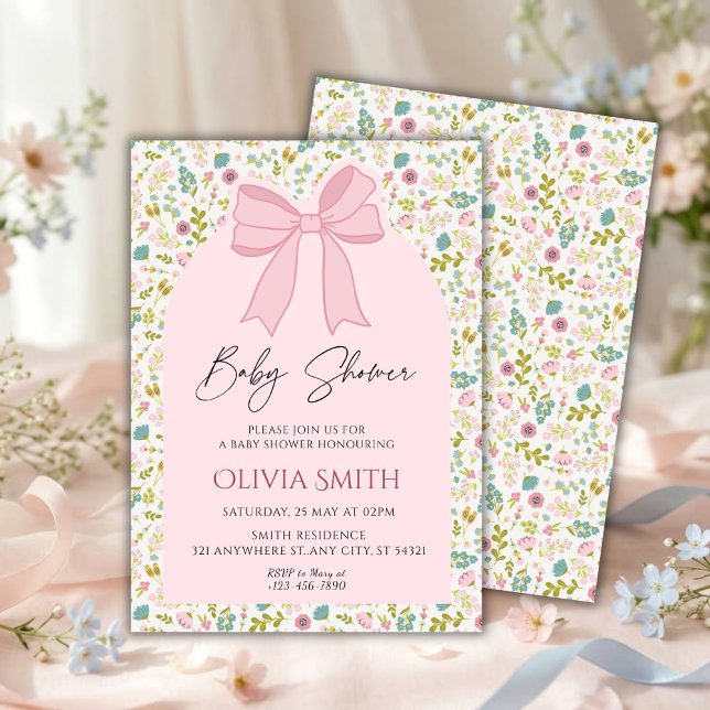 Convite Chá de Bebê Floral com Laço Rosa (Criador carregado)