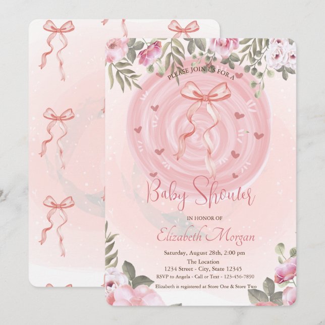 Convite Chá de Bebê Floral com Laço Rosa (Frente/Verso)