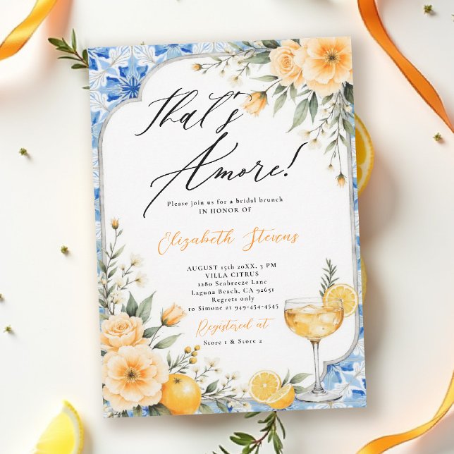 Convite Chá de Bebê Floral com Tema Italiano That's Amore (thats amore italian themed bridal shower invitation lemon and blue watercolor floral cocktail brunch)