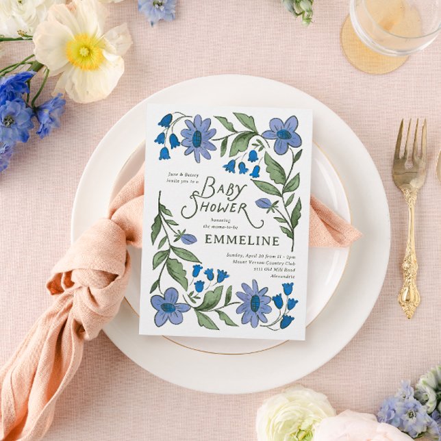 Convite Chá de Bebê Floral Country Azul e Verde Doce (blue and white illustrated modern flowers floral baby shower invitation design for baby boy)
