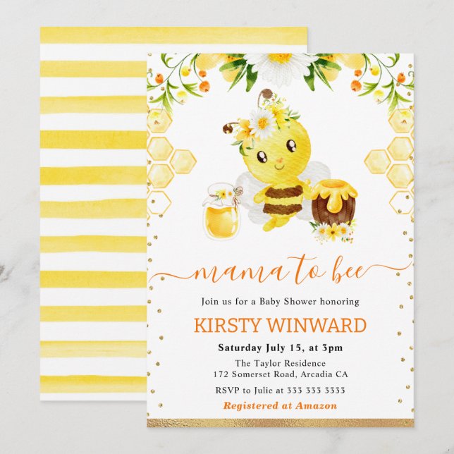 Convite Chá de Bebê Floral de Aquarela Abelha (Frente/Verso)