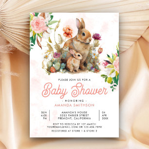 Convite Chá de Bebê Floral de Coelhinho Mamãe e Bebê