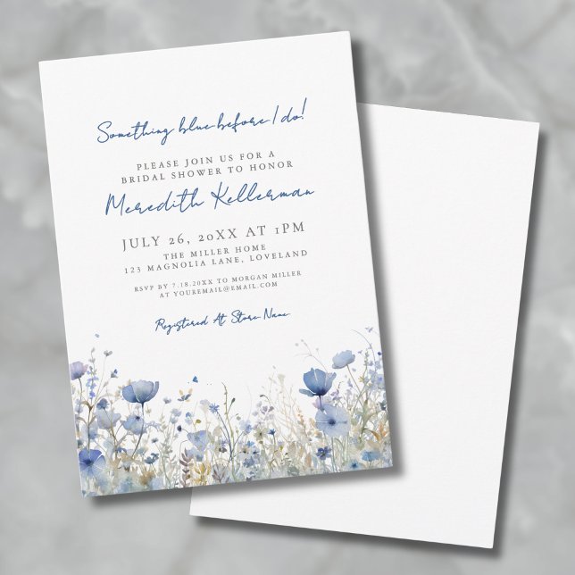 Convite Chá de Bebê Floral de Flores Silvestres Botânicas  (Blue Botanical Wildflower Floral Bridal Shower Invitation)