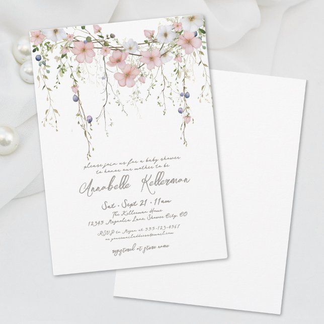 Convite Chá de Bebê Floral de Flores Silvestres Botânicas  (Elegant Botanical Wildflower Floral Baby Shower Invitation)