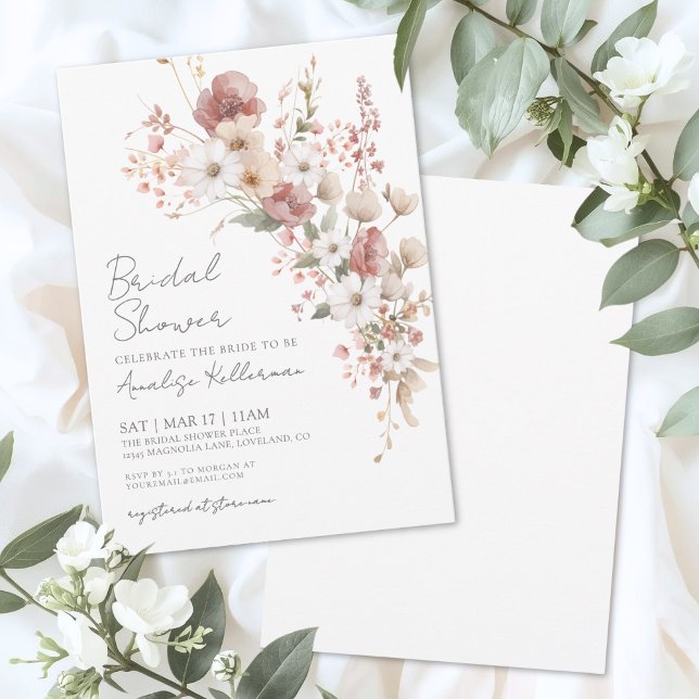 Convite Chá de Bebê Floral de Flores Silvestres Elegantes (Elegant Wildflower Floral Bridal Shower Invitation)