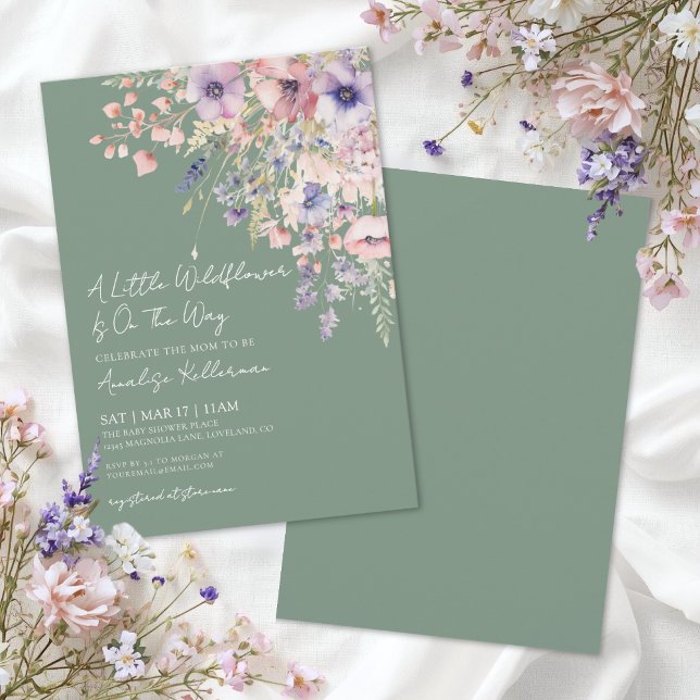 Convite Chá de Bebê Floral de Flores Silvestres Verde Salv (Sage Green Wildflower Floral Baby Shower Invitation)