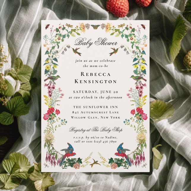Convite Chá de Bebê Floral de Jardim de Verão Retrô (Vintage botanical garden baby shower invitation with a frame of flowers, plants, hummingbirds)