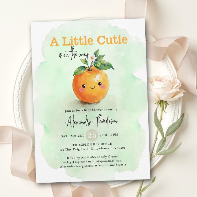 Convite Chá de Bebê Floral de Laranja Menta Little Cutie (little cutie orange theme baby shower invitation citrus watercolor floral scallops modern mint)