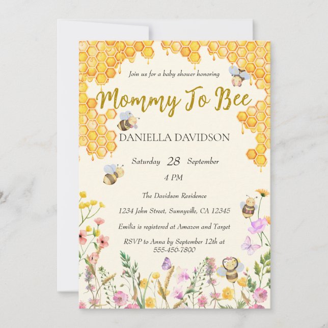 Convite Chá de Bebê Floral de Mamãe para Abelha Neutro em  (Frente)