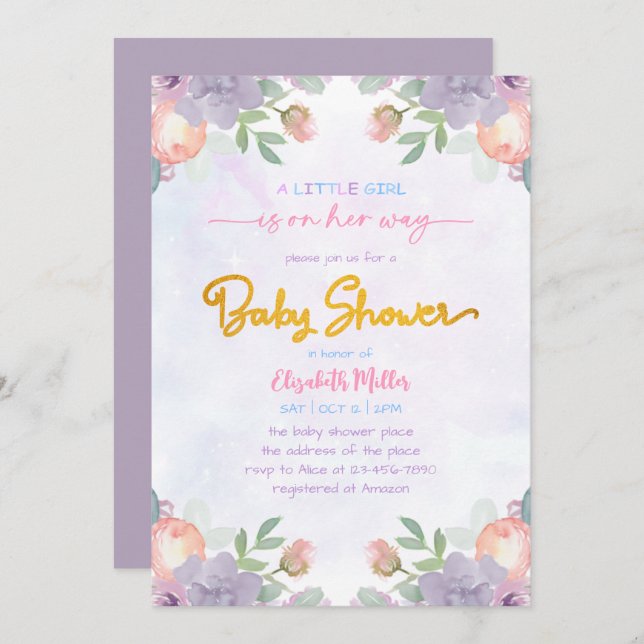 Convite Chá De Bebê Floral De Molho Puro De Aquarela (Frente/Verso)