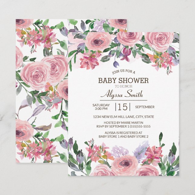 Convite Chá de Bebê Floral de Primavera em Aquarela Rosa L (Frente/Verso)