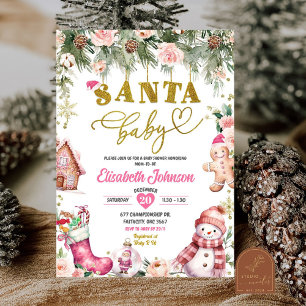 Convite Chá de Bebê Floral do Papai Noel Rosa Natal