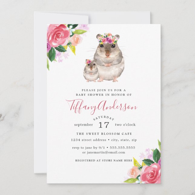 Convite Chá de Bebê Floral Doce Mãe e Bebê Rato (Frente)