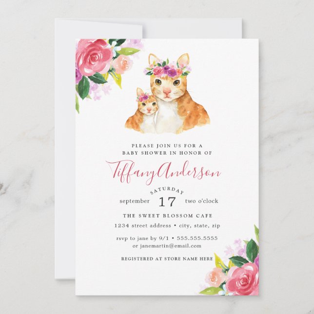 Convite Chá de Bebê Floral Doce Mamãe e Gatinho Bebê (Frente)