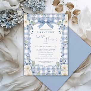 Convite Chá de Bebê Floral Doce Mirtilo Xadrez Branco Azul