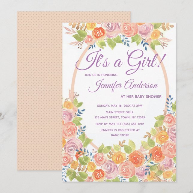 Convite Chá de Bebê Floral É uma Menina (Frente/Verso)