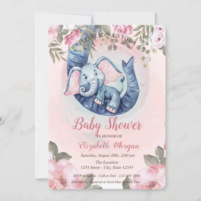 Convite Chá de Bebê Floral Elefantinho Adorável (Frente)