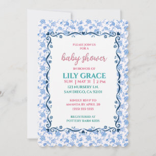 Convite Chá de Bebê Floral Elegante com Laço Azul Shabby C