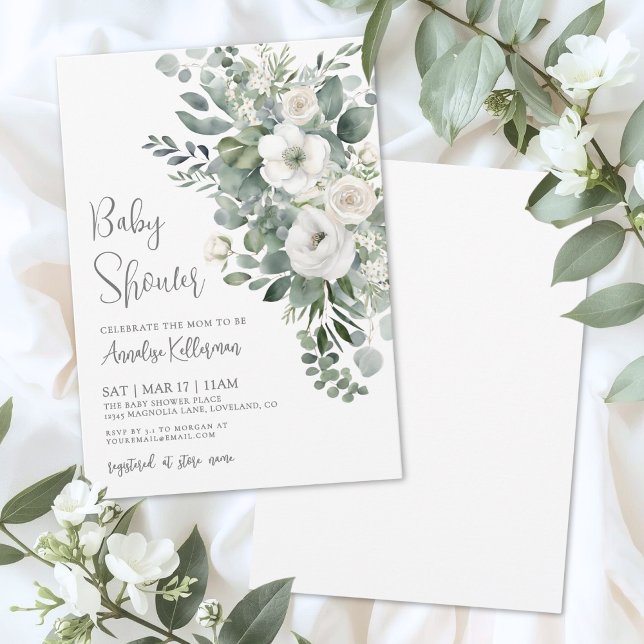 Convite Chá de Bebê Floral Elegante de Eucalipto (Eucalyptus Elegant Floral Baby Shower Invitation)